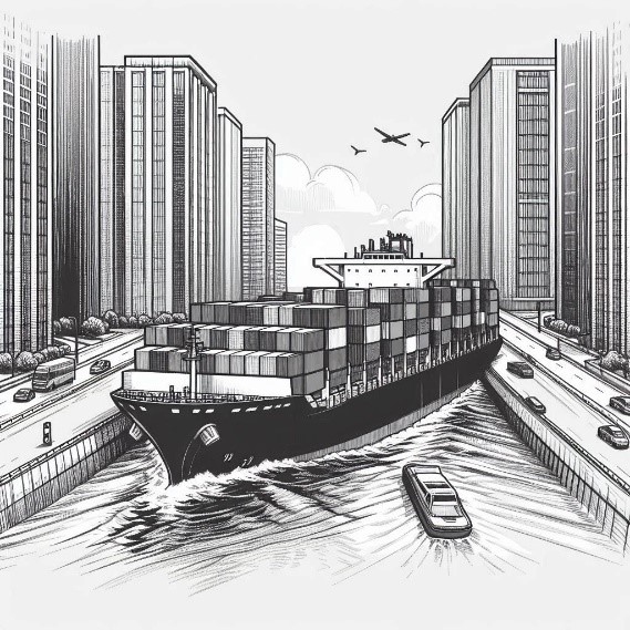 A drawing of a ship with containers on the water Description automatically generated